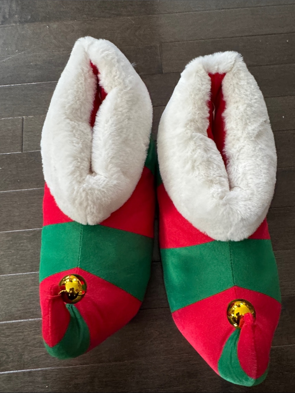 Plush Holiday Elf Slippers in Red & Green